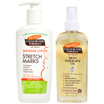 Two Palmer's Cocoa Butter Formula Stretch Mark and Skin Therapy Oil products on a white background: a white pump bottle of massage lotion for stretch marks and a clear bottle of skin therapy oil.