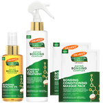 A Palmer's Coconut Oil Formula hair bonding treatment set on a white background, including a Bonding Oil bottle, a Bonding Leave-in Complex spray bottle, and two packages of the Bonding Conditioning Masque Pack.