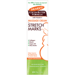 A tall white rectangular box of Palmer's Cocoa Butter Formula Massage Cream for Stretch Marks, featuring orange and brown text, a stylized orange outline of a pregnant torso, and a green section at the bottom.