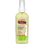 A bottle of Palmer's Cocoa Butter Formula Massage Oil Stretch Marks body oil, featuring a pale yellow liquid, a white spray pump, and a green and orange label, set against a plain white background.