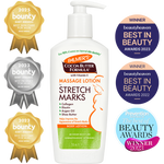 A bottle of Palmer's Cocoa Butter Formula Massage Lotion for Stretch Marks, shown on a white background with multiple award badges on both sides. The bottle is white with a green and orange label, and the surrounding badges are gold, silver, and purple/pink.