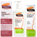 Three Palmer's Cocoa Butter Formula products on a white background: Skin Therapy Oil, Stretch Marks Massage Lotion, and Stretch Marks Massage Cream.