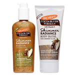 Palmer's Cocoa Butter Formula Shimmer Radiance Body Oil and Shimmer Radiance Body Gloss in squeeze bottle and tube packaging, shown on a white background.