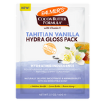 A single sachet of Palmer's Cocoa Butter Formula with Vitamin E Tahitian Vanilla Hydra Gloss Pack, featuring white, blue, and purple graphics with vanilla flower illustrations and a honeycomb graphic.