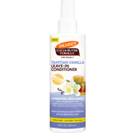 A bottle of Palmer's Cocoa Butter Formula Leave-In Conditioner in Tahitian Vanilla scent, featuring a white bottle with a spray top, a blue and yellow label, and illustrations of vanilla flowers and honeycomb.
