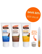 Palmer's Hand Cream Range covers all bases, from moisturising, hydrating, replenishing, soothing and nourishing hands. 
Why not try one of each formula with our exclusive Hand Cream Trio Bundle (as well as a bonus 15g Cocoa Butter Mini Jar & Palmer's Nail File), saving 30% off RRP and $23 in value.

This bundle contains:
x1 Cocoa Butter Hand Cream 96g
x1 Coconut Oil Hand Cream 96g
x1 Raw Shea Hand Cream 96g
BONUS GIFT: x1 Cocoa Butter Solid Jar Mini 15g
BONUS GIFT: x1 Palmer's Nail File

Palmer's® Cocoa Butter Formula Hand Cream softens and smoothes dry, cracked hands. Crafted with intensively moisturising Cocoa Butter and Vitamin E, to provide a deep hydration all over. 
Palmer's® Coconut Oil Formula Hand Cream hydrates and replenishes hands. Crafted with antioxidant-rich Extra Virgin Coconut Oil and Green Coffee Extract to keep hands soft. 
Palmer's® Raw Shea Hand Cream soothes and nourishes hands. Crafted with vitamin-enriched Shea Butter to replenish raw, dry or sensitive hands. 
Palmer's® Cocoa Butter Solid Formula Jar is a unique formula which melts into skin upon applying, creating a protective barrier that locks in moisture, and relieving, rough, dry skin. Fast absorbing, and ideal for deep moisturisation, including overnight treatments.