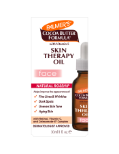 Palmer's® Cocoa Butter Skin Therapy Oil for Face contains 10 skin restorative oils (Rosehip, Argan, Sweet Almond, Coconut, Macadamia Nut, Apricot, Grapeseed, Sesame, Camelina, Sunflower), along with natural Cocoa Butter, Retinol and Vitamin C, to help improve the appearance of fine lines and wrinkles, dark spots, uneven skin tone and aging skin. Additionally, Cetesomate-E Complex helps deliver all of the essential vitamins and nutrients directly into the epidermal layer of the skin.
After 8 weeks*:

96% of the test subjects felt they had a more even skin tone
96% said they had more moisturised skin
94% saw a visible improvement in skin texture
90% said it minimised the appearance of wrinkles
90% said they had a clearer complexion
*Based on responses in an 8 week home user trial by 200 female panelists.

Features:

Skin perfecting facial oil
Doesn't clog pores
Paraben, Phthalate & Mineral Oil Free
Dermatologist Approved
Hypoallergenic

