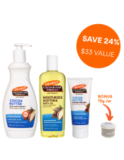 Cocoa Butter is a rich, nutrient-packed super ingredient with naturally occurring fatty acids for lock-in moisture, and antioxidant-rich CMPs (Cocoa Mass Polyphenols) for collagen support and retention.
Palmer's exclusive Cocoa Butter Bundle includes all of your favourite Cocoa Butter products (as well as a bonus 15g Cocoa Butter Mini Jar), saving 24% off RRP and with $33 in value.

This bundle contains:
x1 Cocoa Butter Body Lotion 400ml
x1 Cocoa Butter Moisturising Body Oil 250ml
x1 Cocoa Butter Hand Cream 96g
BONUS GIFT: x1 Cocoa Butter Solid Jar Mini 15g

Palmer's® Cocoa Butter Body Lotion is a rich, luxurious, daily body lotion which softens and smoothes rough, dry skin, and provides deep hydration all over. 

Palmer's® Cocoa Butter Formula Moisturising Body Oil is a lightweight oil, specially formulated with intensively moisturising pure Cocoa Butter and Vitamin E for a radiant, healthy glow, and to hydrate and soften skin.

Palmer's® Cocoa Butter Formula Hand Cream softens and smoothes dry, cracked hands. Crafted with intensively moisturising Cocoa Butter and Vitamin E, to provide a deep hydration all over. 

Palmer's® Cocoa Butter Solid Formula Jar is a unique formula which melts into skin upon applying, creating a protective barrier that locks in moisture, and relieving, rough, dry skin. Fast absorbing, and ideal for deep moisturisation, including overnight treatments.