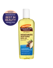 Palmer's® Cocoa Butter Formula Moisturising Body Oil is a lightweight oil, specially formulated with intensively moisturising pure Cocoa Butter and Vitamin E for a radiant, healthy glow, and to hydrate and soften skin.
Features:

Instantly replenishes dry skin
48 hour moisture
Absorbs quickly
Non greasy formula
Vegan

WINNER - BEST BODY OIL - 2023 BEAUTYHEAVEN BEST IN BEAUTY AWARDS