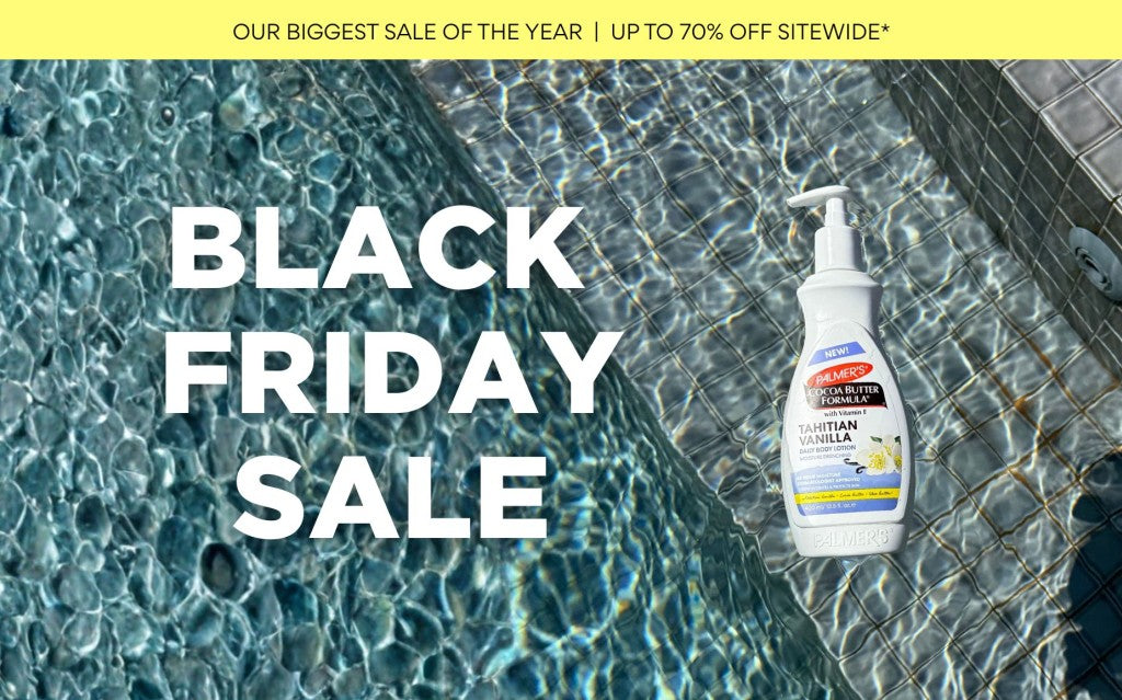 Black Friday Sale announcement with a lotion bottle floating in a swimming pool. Bold text highlights major discounts up to 70% off sitewide.