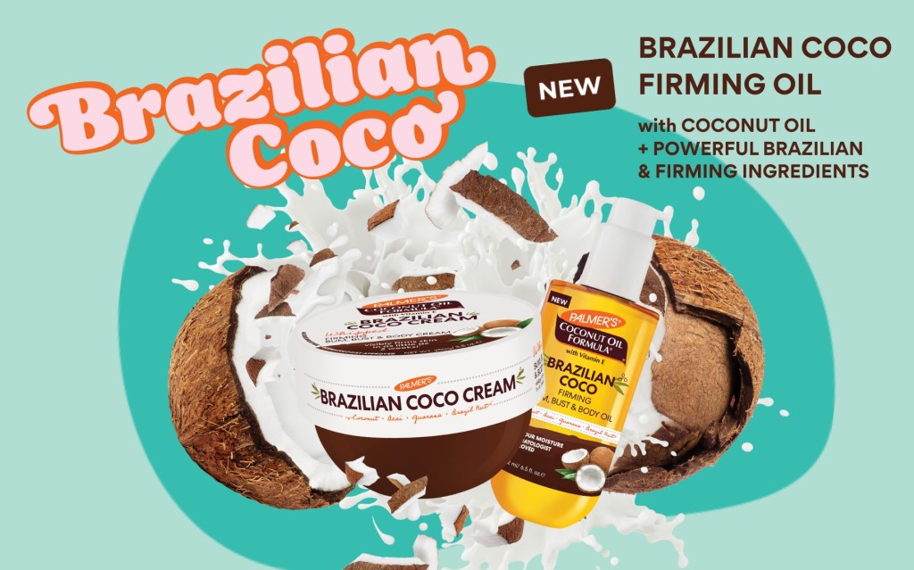 Brazilian Coco products featuring a tub of Brazilian Coco Cream and a bottle of Firming Oil amid splashing coconut milk, set against a teal background.