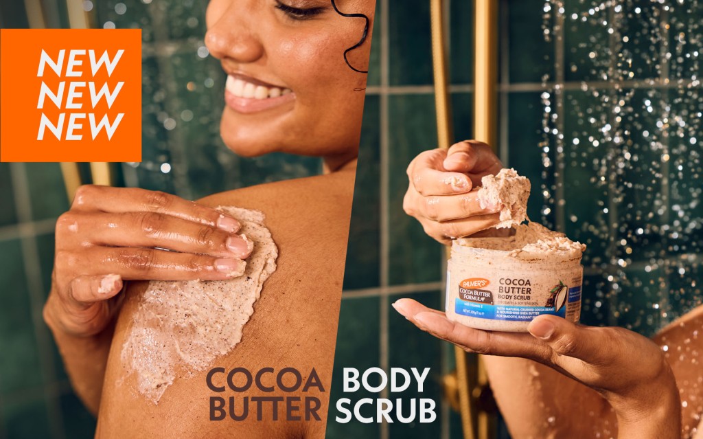 Palmer’s Cocoa Butter Body Scrub shown with the words NEW NEW NEW and a smiling woman using the scrub in shower