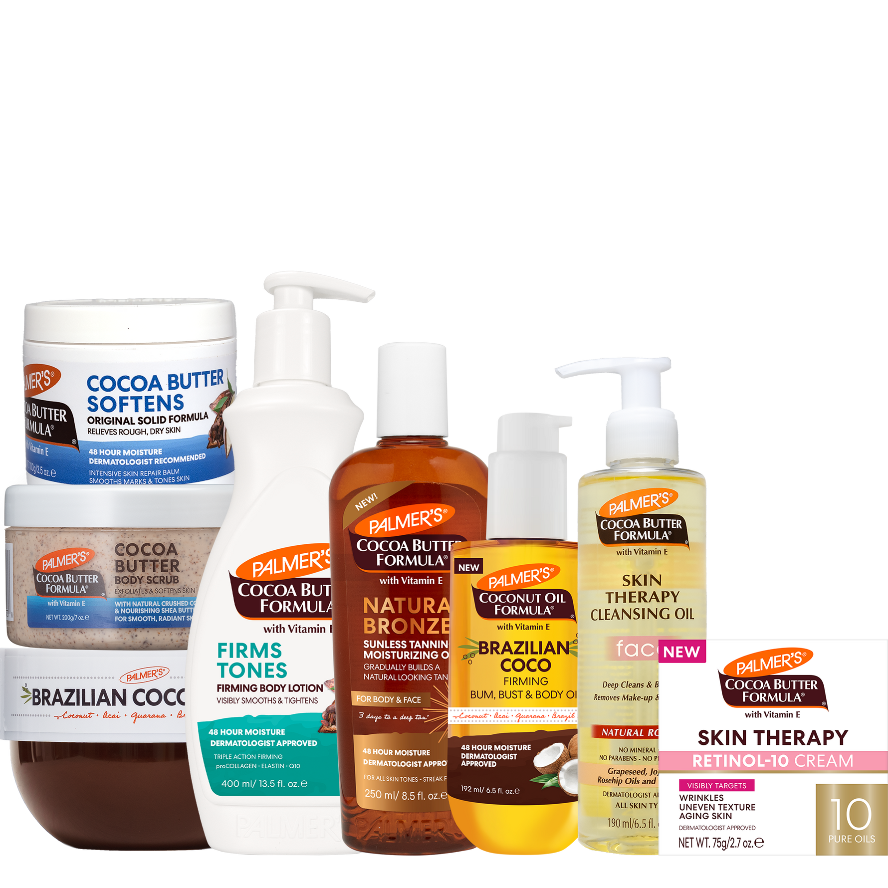 Palmer's Must-Haves Bundle pictured with an arrangement of skin care and face care products.