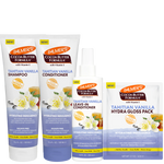 A set of Palmer's Cocoa Butter Formula Tahitian Vanilla haircare products on a white background, including Shampoo, Conditioner, Leave-In Conditioner, and Hydra Gloss Pack.