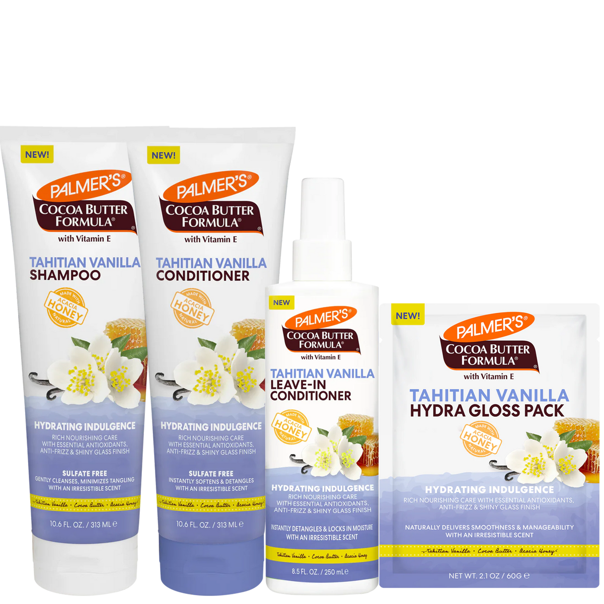 A set of Palmer's Cocoa Butter Formula Tahitian Vanilla haircare products on a white background, including Shampoo, Conditioner, Leave-In Conditioner, and Hydra Gloss Pack.