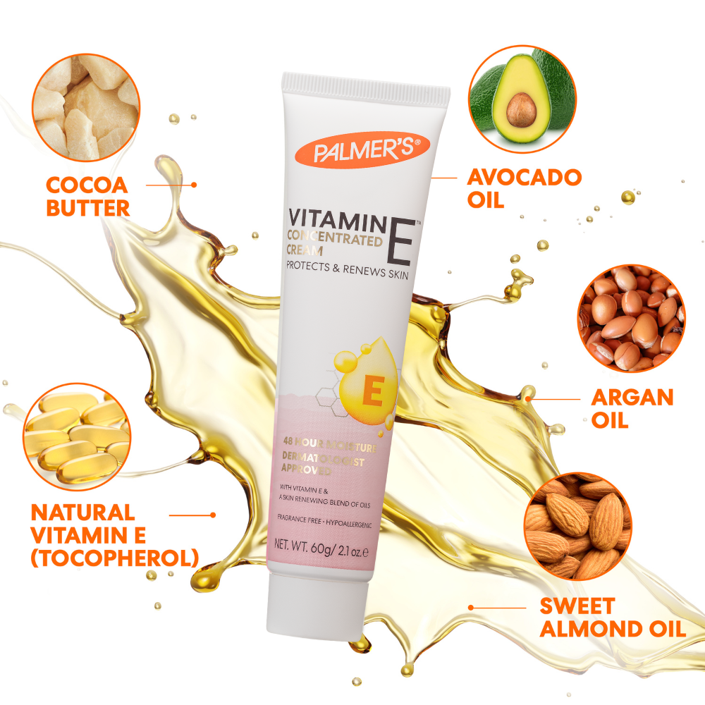 Palmer's Vitamin E cream tube with ingredients like cocoa butter, avocado oil, argan oil, and sweet almond oil displayed around it.