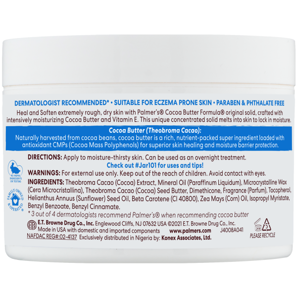 Back label of a Palmer's cocoa butter jar with text and product details.