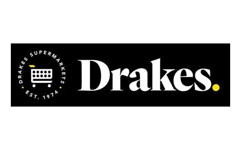 This is the Drakes Supermarkets Australia logo, a black rectangle with 'Drakes'in white and on the left is the shopping trolley with text to say EST. 1974
