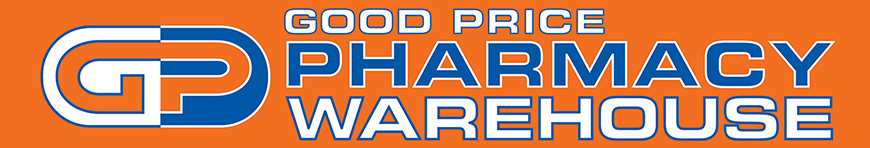 This is the logo of Good Price Pharmacy Warehouse with orange and blue colors on an orange background