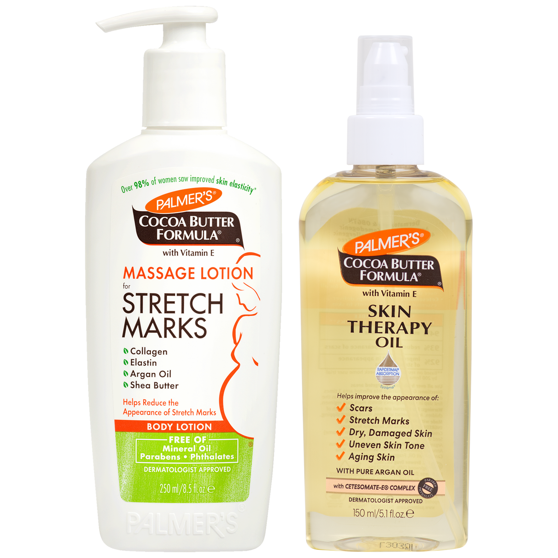 Two Palmer's Cocoa Butter Formula Stretch Mark and Skin Therapy Oil products on a white background: a white pump bottle of massage lotion for stretch marks and a clear bottle of skin therapy oil.