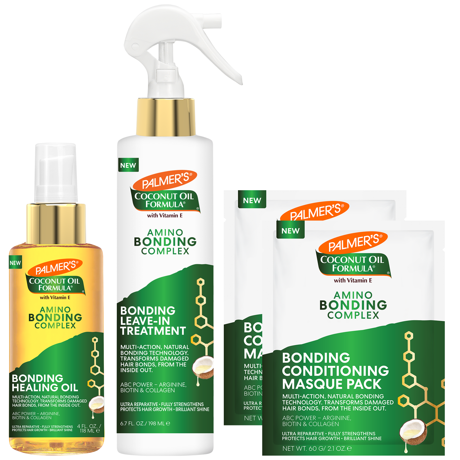 A Palmer's Coconut Oil Formula hair bonding treatment set on a white background, including a Bonding Oil bottle, a Bonding Leave-in Complex spray bottle, and two packages of the Bonding Conditioning Masque Pack.