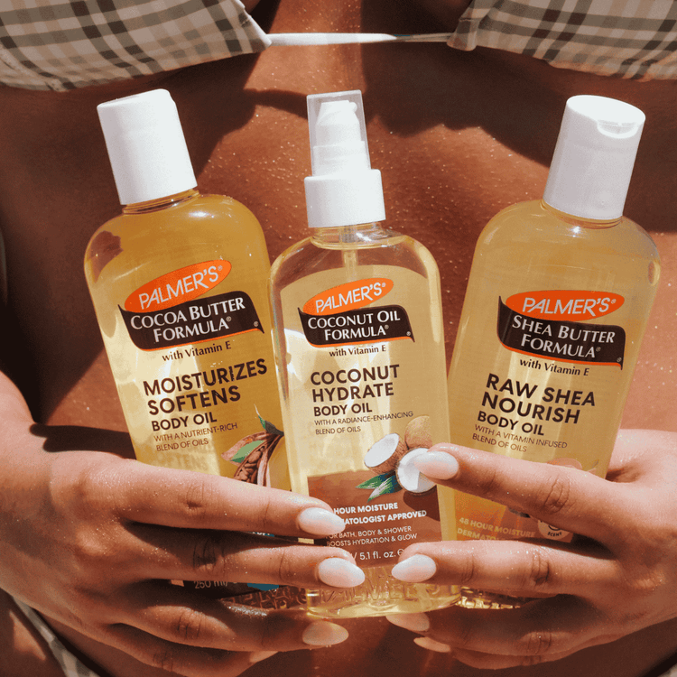 This is a picture of Palmer's core body oil range of Cocoa Butter, Shea Butter and Coconut Oil.