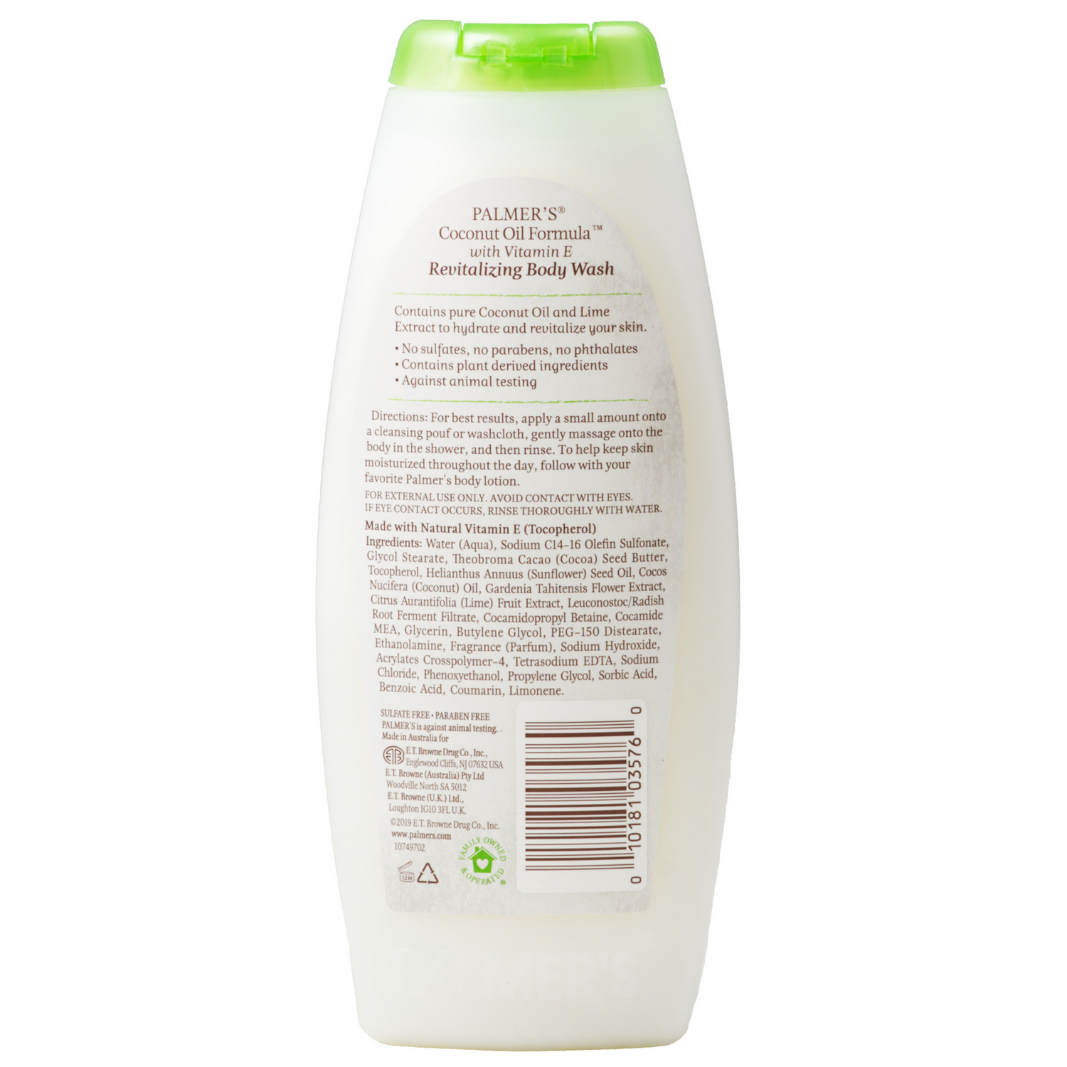 Body wash bottle with green cap and label on a white background