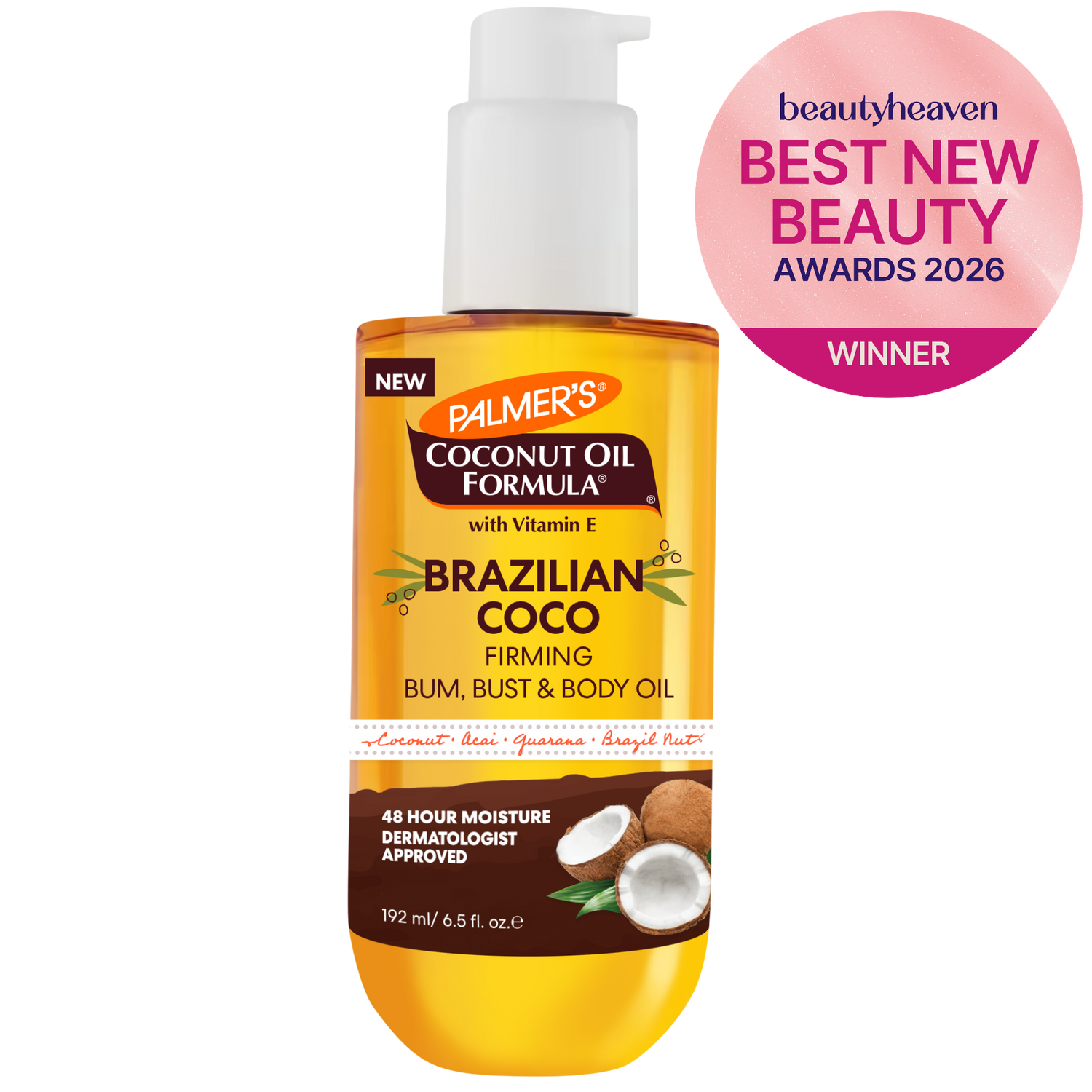 Palmer's Coconut Oil Formula Brazilian Coco oil bottle with pump on a white background, featuring 'Best New Beauty Awards 2026' badge.
