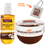 Palmer's Brazilian Coco Firming Bum, Bust & Body Oil bottle shown next to a container of Palmer's Brazilian Coco Cream, with an orange bonus tote bag graphic and arrow on a white background.