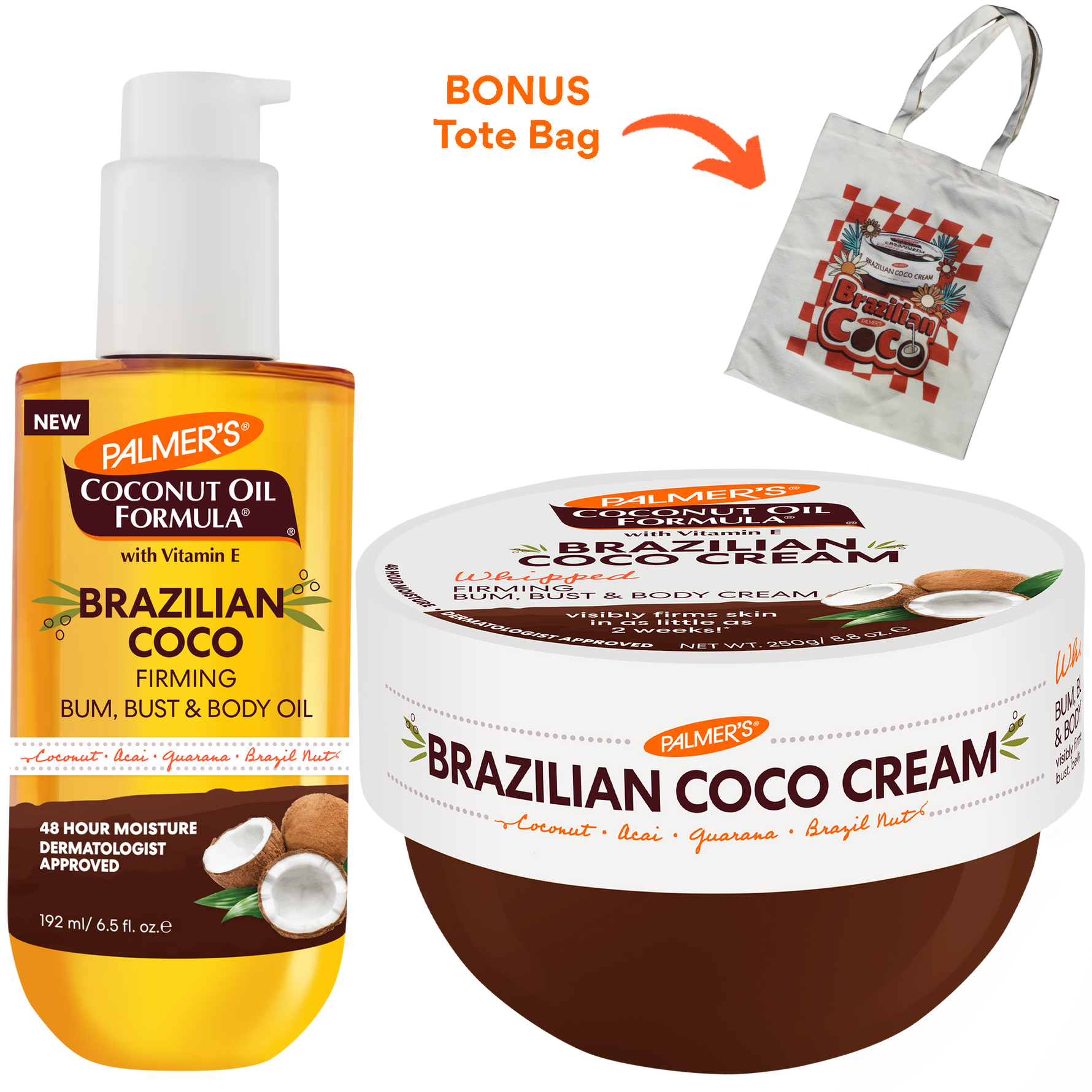 Palmer's Brazilian Coco Firming Bum, Bust & Body Oil bottle shown next to a container of Palmer's Brazilian Coco Cream, with an orange bonus tote bag graphic and arrow on a white background.
