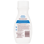Back view of a white bottle with text and a bar code on a white background