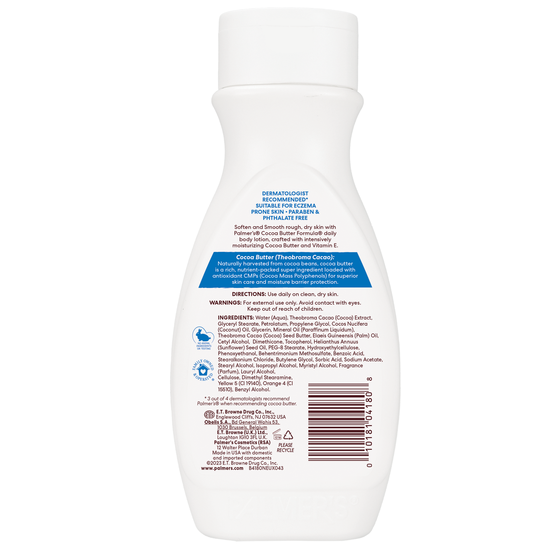 Back view of a white bottle with text and a bar code on a white background