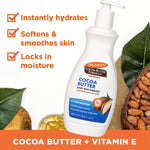 Palmer's Cocoa Butter Formula lotion bottle with ingredients and benefits text on a white background