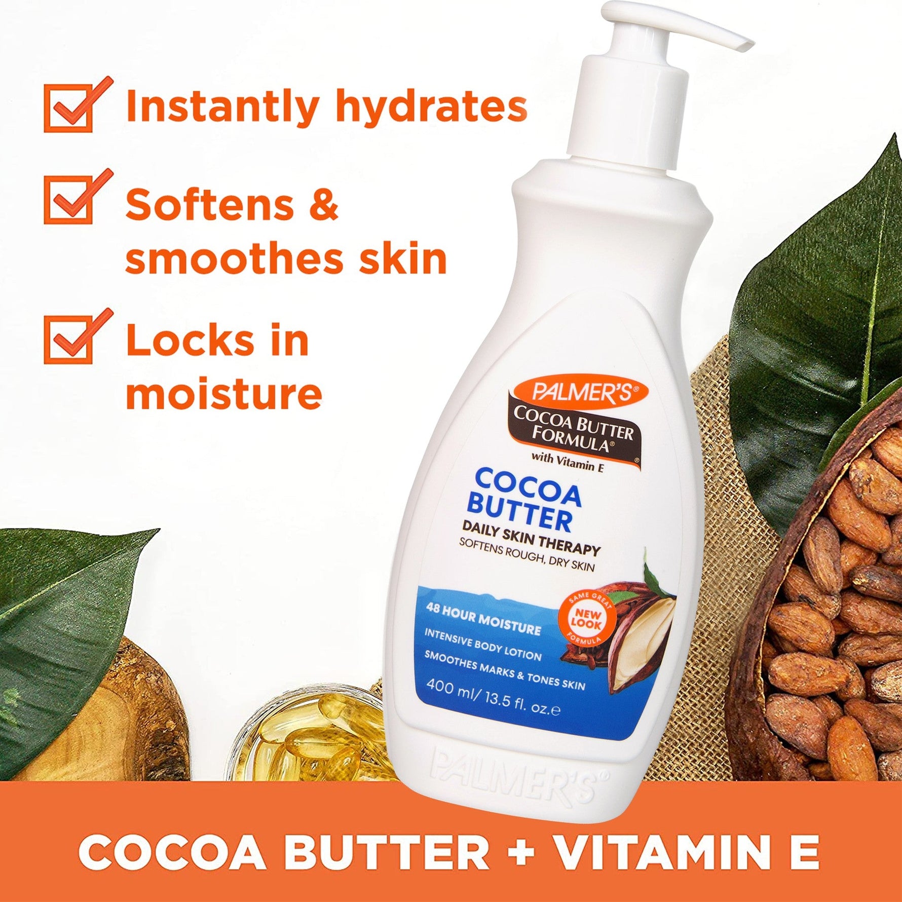 Palmer's Cocoa Butter Formula lotion bottle with ingredients and benefits text on a white background
