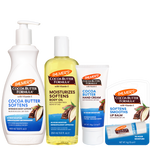A Palmer's Cocoa Butter Formula skincare set featuring a body lotion pump bottle, a body oil bottle, a hand cream tube, and a lip balm tube, all displayed together on a plain white background.