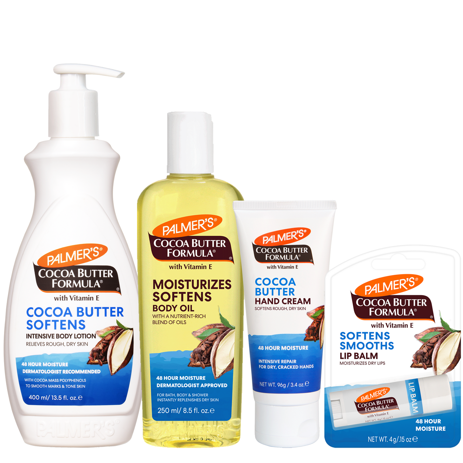 A Palmer's Cocoa Butter Formula skincare set featuring a body lotion pump bottle, a body oil bottle, a hand cream tube, and a lip balm tube, all displayed together on a plain white background.