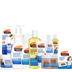 A collection of Palmie's Cocoa Butter Formula body care products, including hand cream, body lotion, hand cream, body oil, hand cream, lip balm, and a jar of cocoa butter body butter, arranged together on a plain white background.