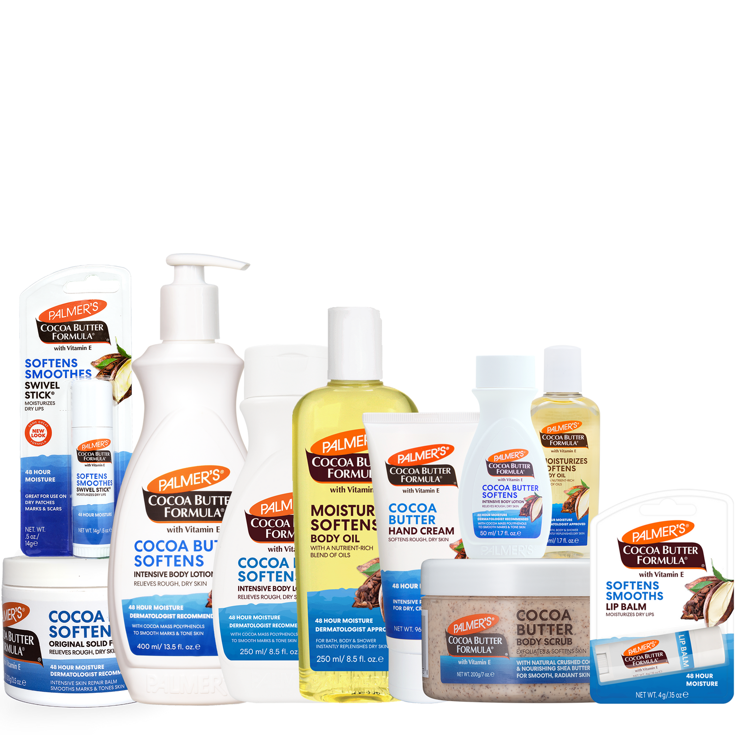 A collection of Palmie's Cocoa Butter Formula body care products, including hand cream, body lotion, hand cream, body oil, hand cream, lip balm, and a jar of cocoa butter body butter, arranged together on a plain white background.