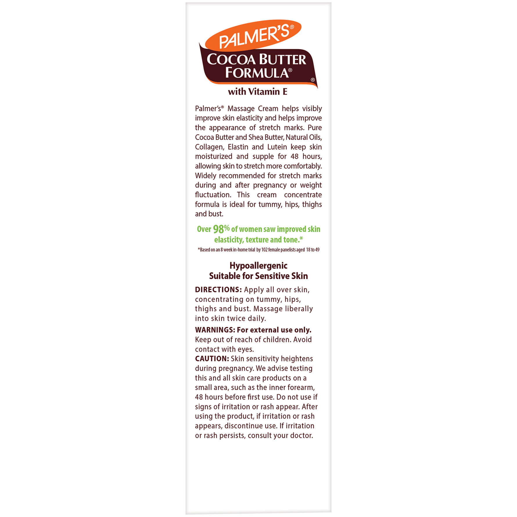 A text-heavy product information panel for Palmer's Cocoa Butter Formula Stretch Mark Cream with Vitamin E. The panel includes the Palmer's logo, product name, claims text, and usage directions on a white background.