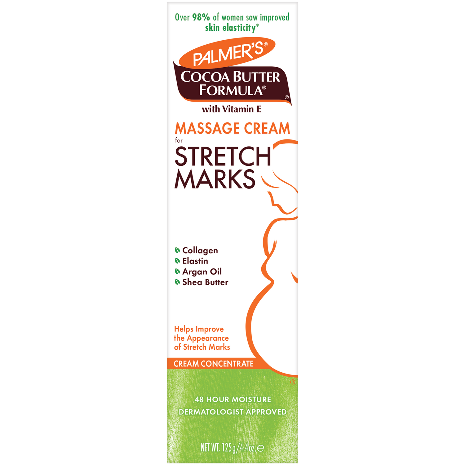 A tall white rectangular box of Palmer's Cocoa Butter Formula Massage Cream for Stretch Marks, featuring orange and brown text, a stylized orange outline of a pregnant torso, and a green section at the bottom.