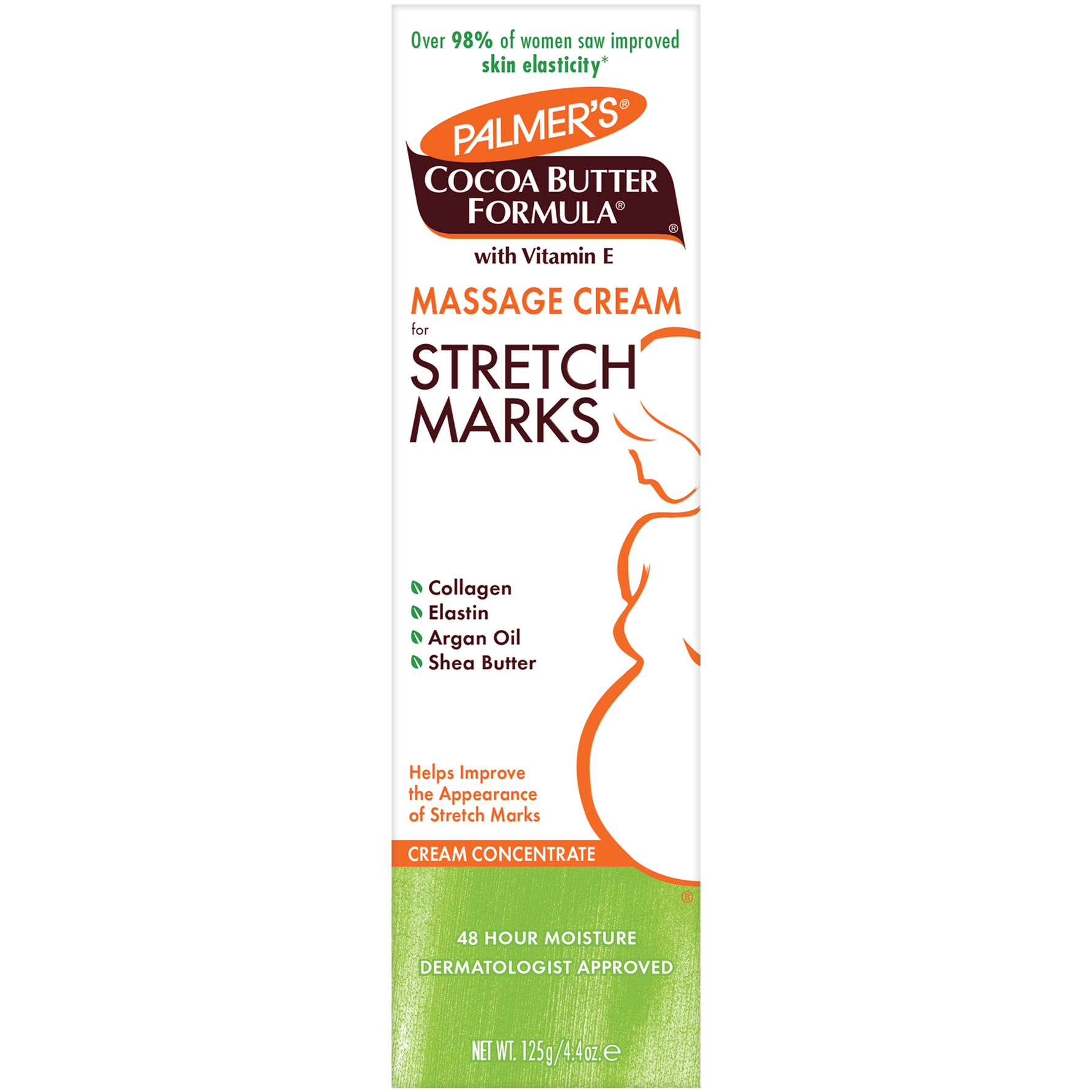 A tall white rectangular box of Palmer's Cocoa Butter Formula Massage Cream for Stretch Marks, featuring orange and brown text, a stylized orange outline of a pregnant torso, and a green section at the bottom.