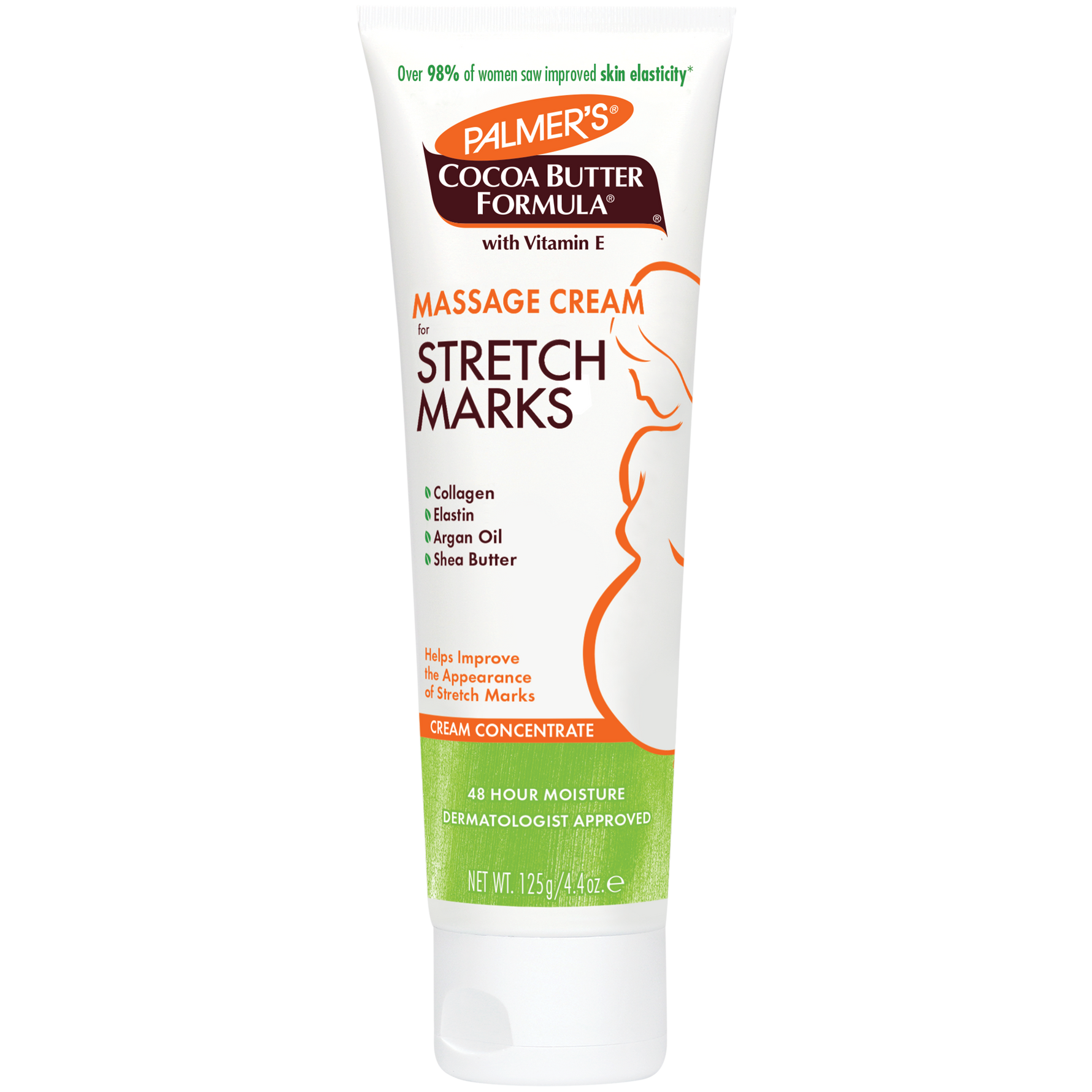 A white squeeze tube of Palmer's Cocoa Butter Formula Massage Cream for Stretch Marks, featuring orange and green text and graphics on a white background.