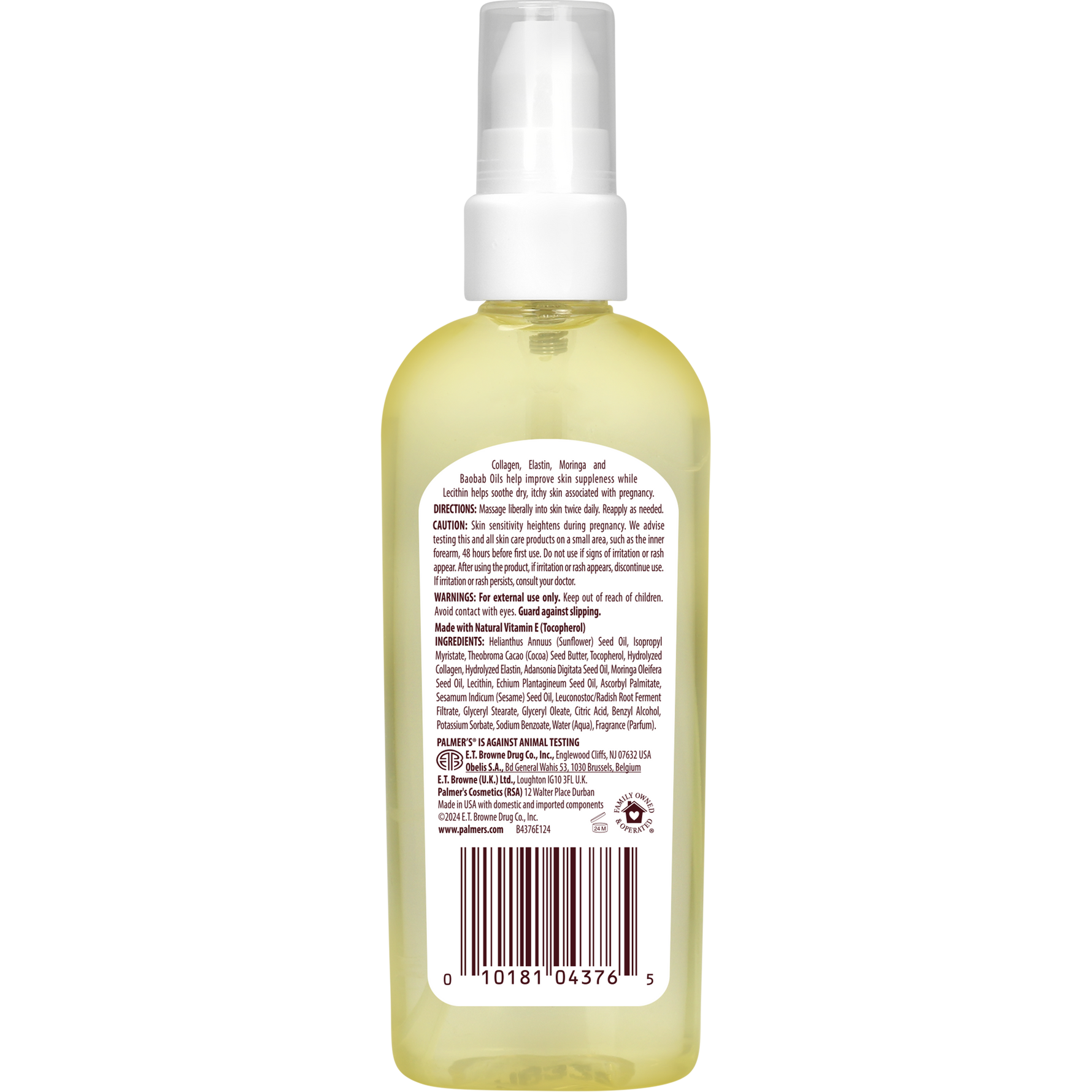 Back view of Palmer's Massage Oil for Stretch Marks with a white spray top and a large white label showing product text, barcode, and ingredients.