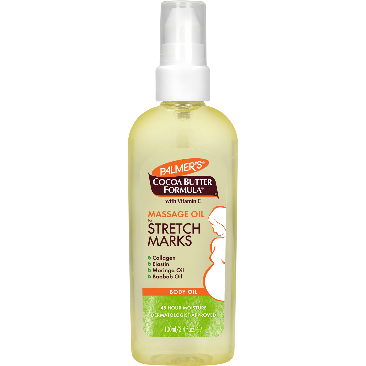 A bottle of Palmer's Cocoa Butter Formula Massage Oil Stretch Marks body oil, featuring a pale yellow liquid, a white spray pump, and a green and orange label, set against a plain white background.