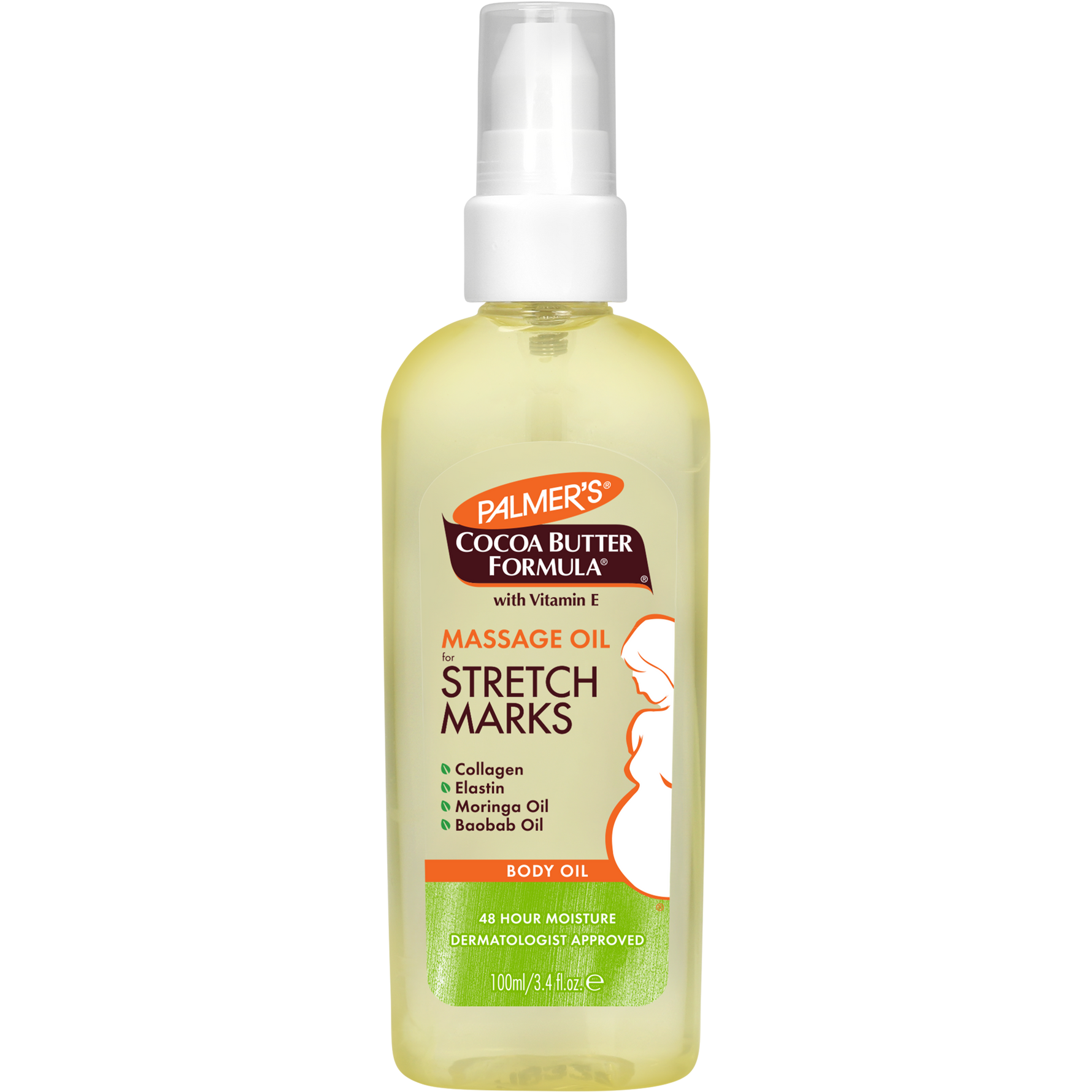 A bottle of Palmer's Cocoa Butter Formula Massage Oil Stretch Marks body oil, featuring a pale yellow liquid, a white spray pump, and a green and orange label, set against a plain white background.