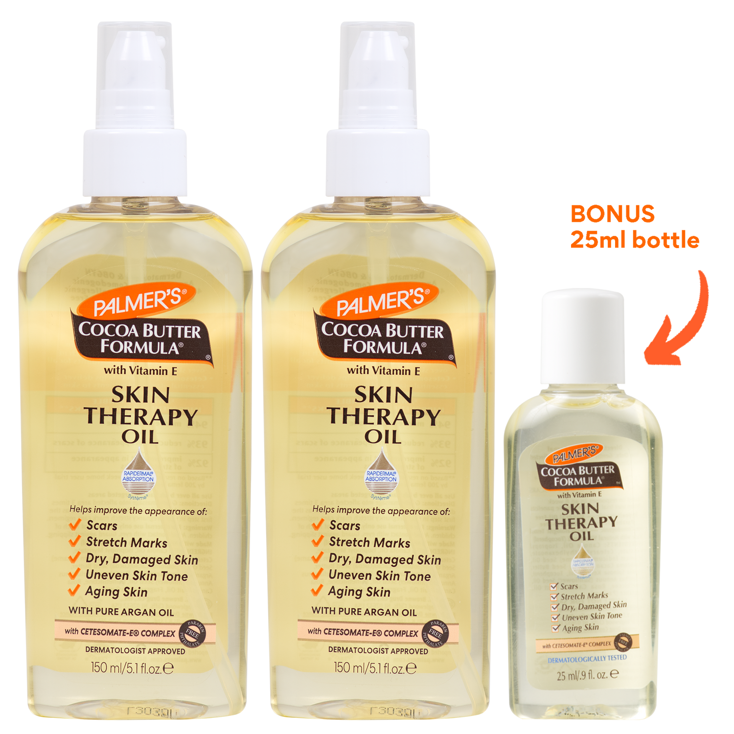 Three bottles of Palmer's Cocoa Butter Formula Skin Therapy Oil shown on a white background, with a bonus 25ml bottle indicated by an orange arrow and text.