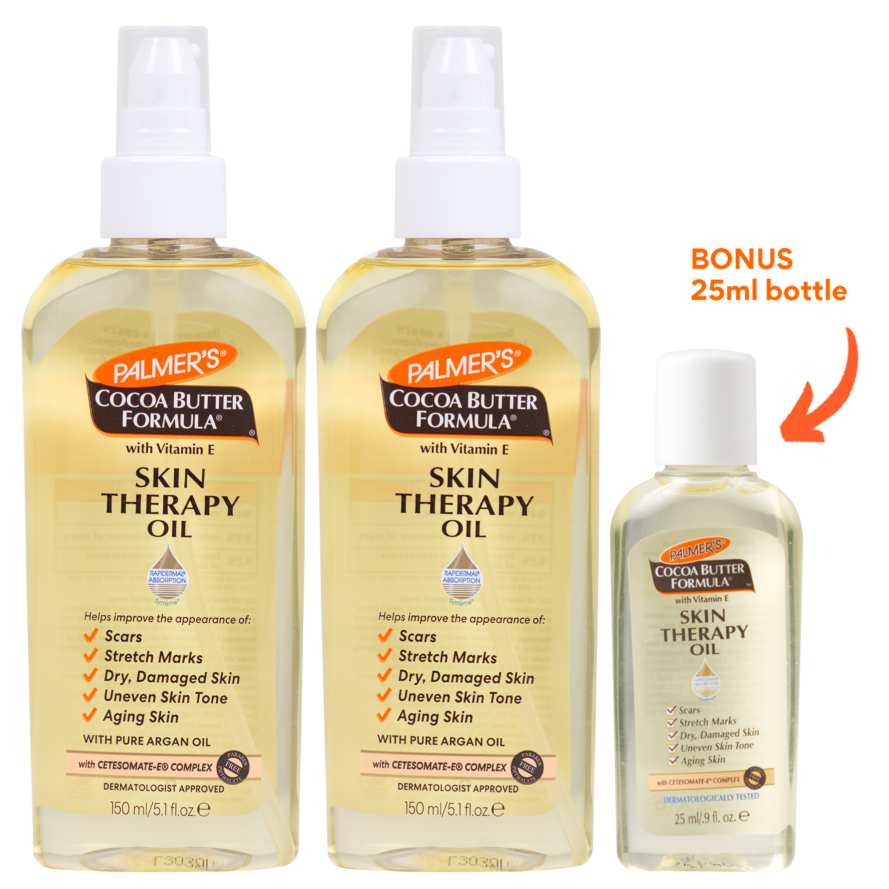 Three bottles of Palmer's Cocoa Butter Formula Skin Therapy Oil shown on a white background, with a bonus 25ml bottle indicated by an orange arrow and text.