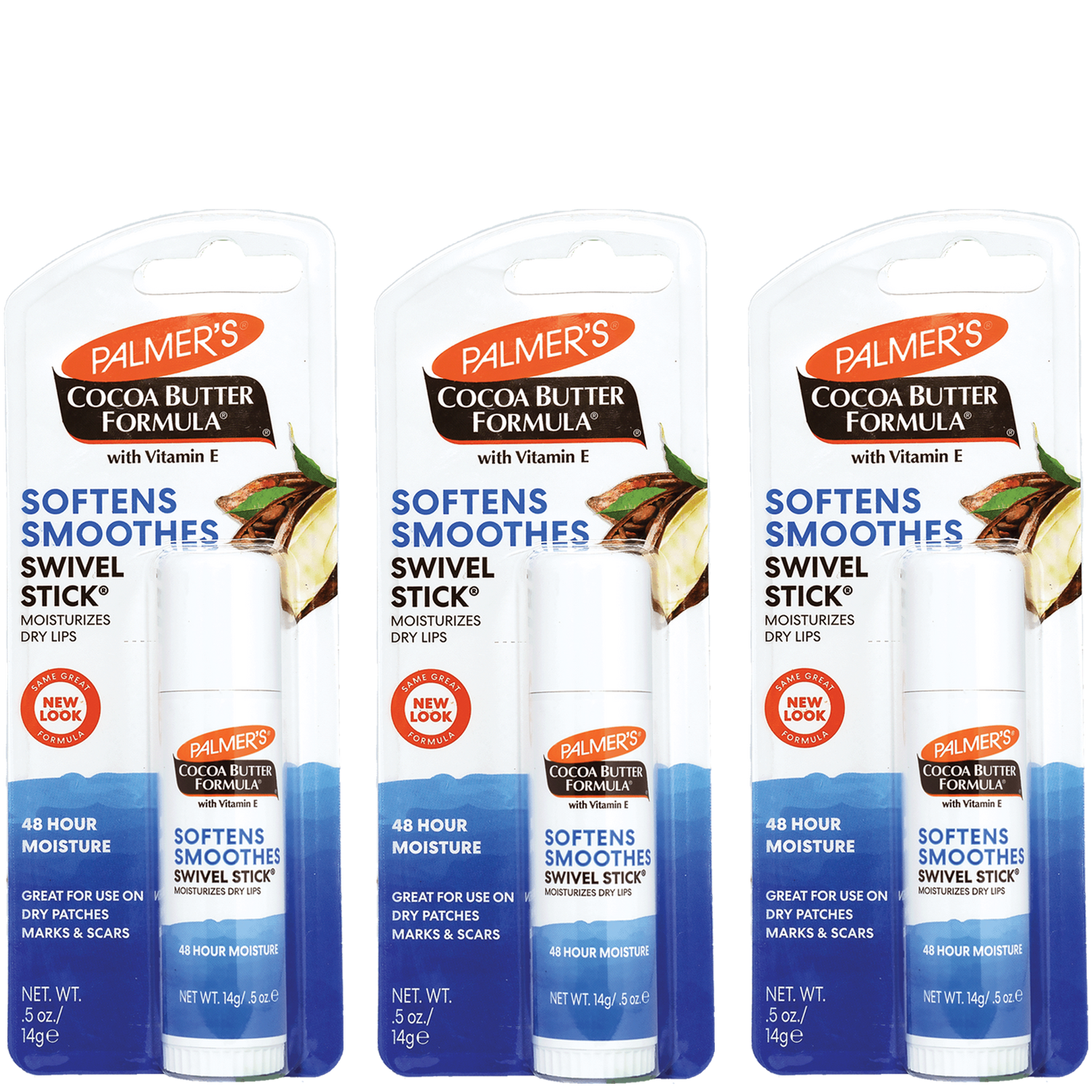Three packages of Palmer's Cocoa Butter Formula Swivel Stick moisturizing dry lips shown side-by-side on a white background.
