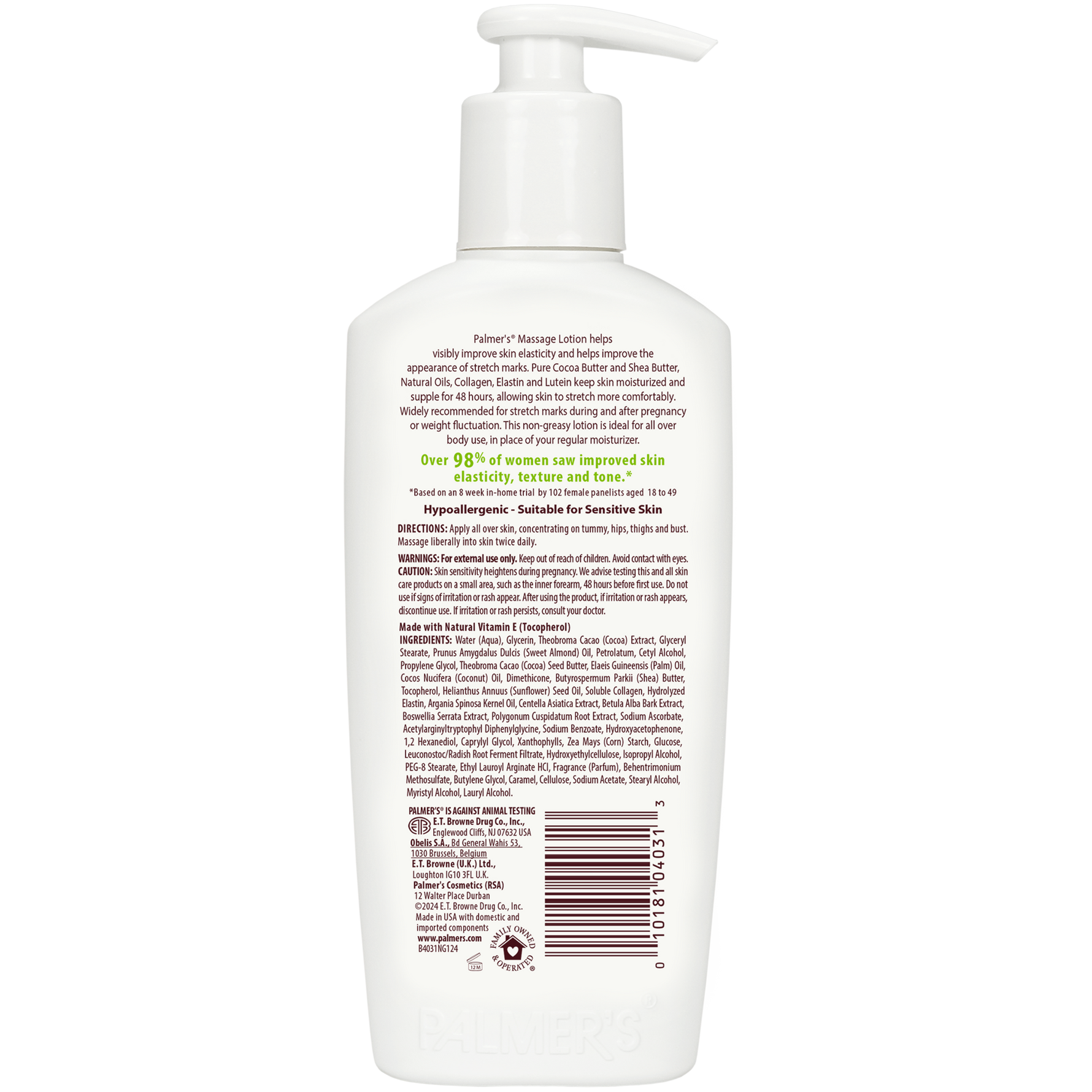 A white pump bottle of Palmer's Massage Lotion for Stretch Marks shown from the back, featuring detailed product information, ingredients, and a barcode on a clean white background.