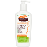 A 200 ml white bottle of Palmer's Cocoa Butter Formula Massage Lotion for stretch marks, featuring a white pump dispenser and a label with orange, brown, and green text and graphics.